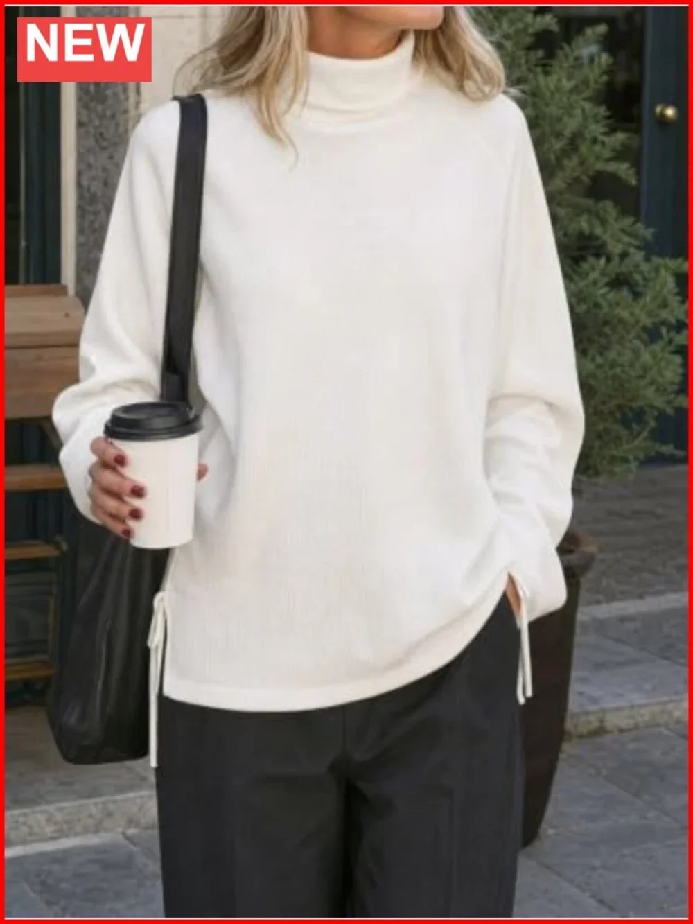 Ribbed Knit Turtleneck Sweater Oversized Side Slit Tunic Pullover